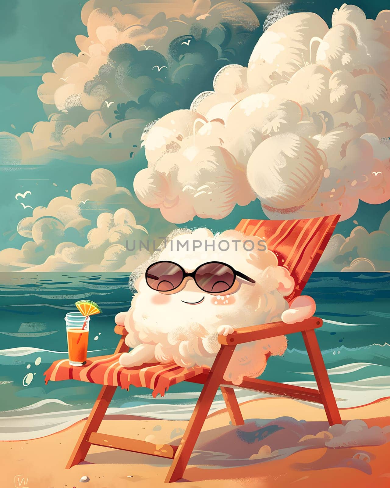 A cloud is lounging on a beach chair wearing sunglasses, it looks happy and relaxed. The sky is the canvas, natures art painting a serene scene