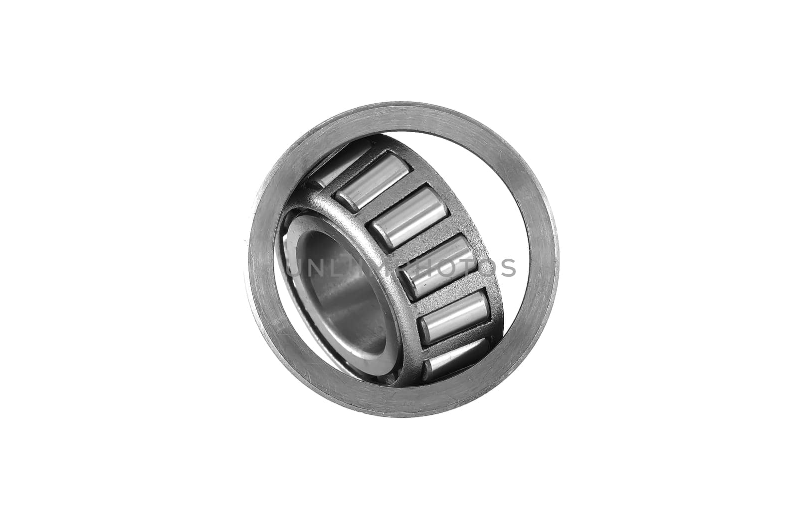Stainless steel cylindrical roller bearing with an inner ring isolated on white background