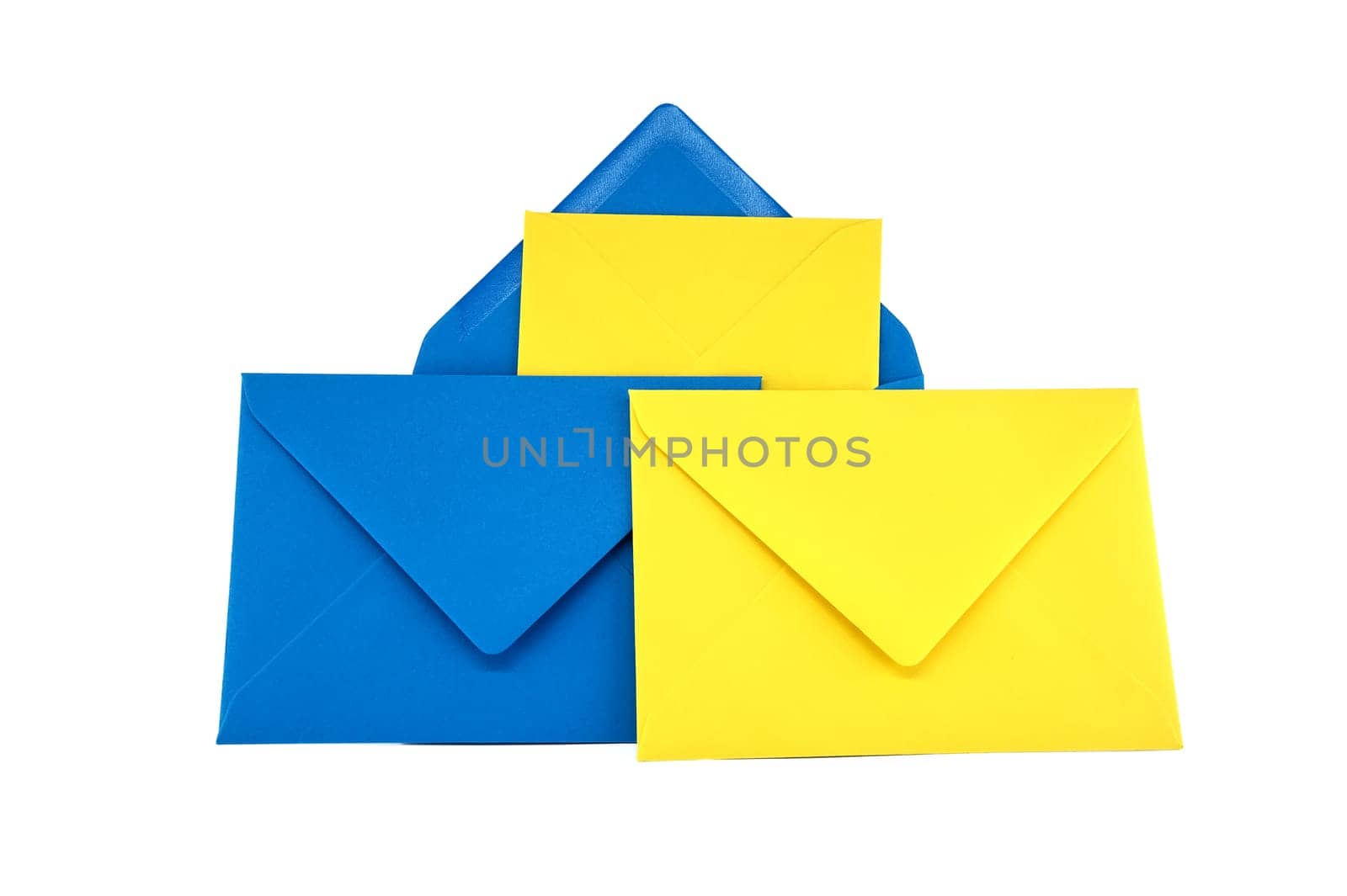 Collection of blue and yellow paper envelopes arranged against a white background