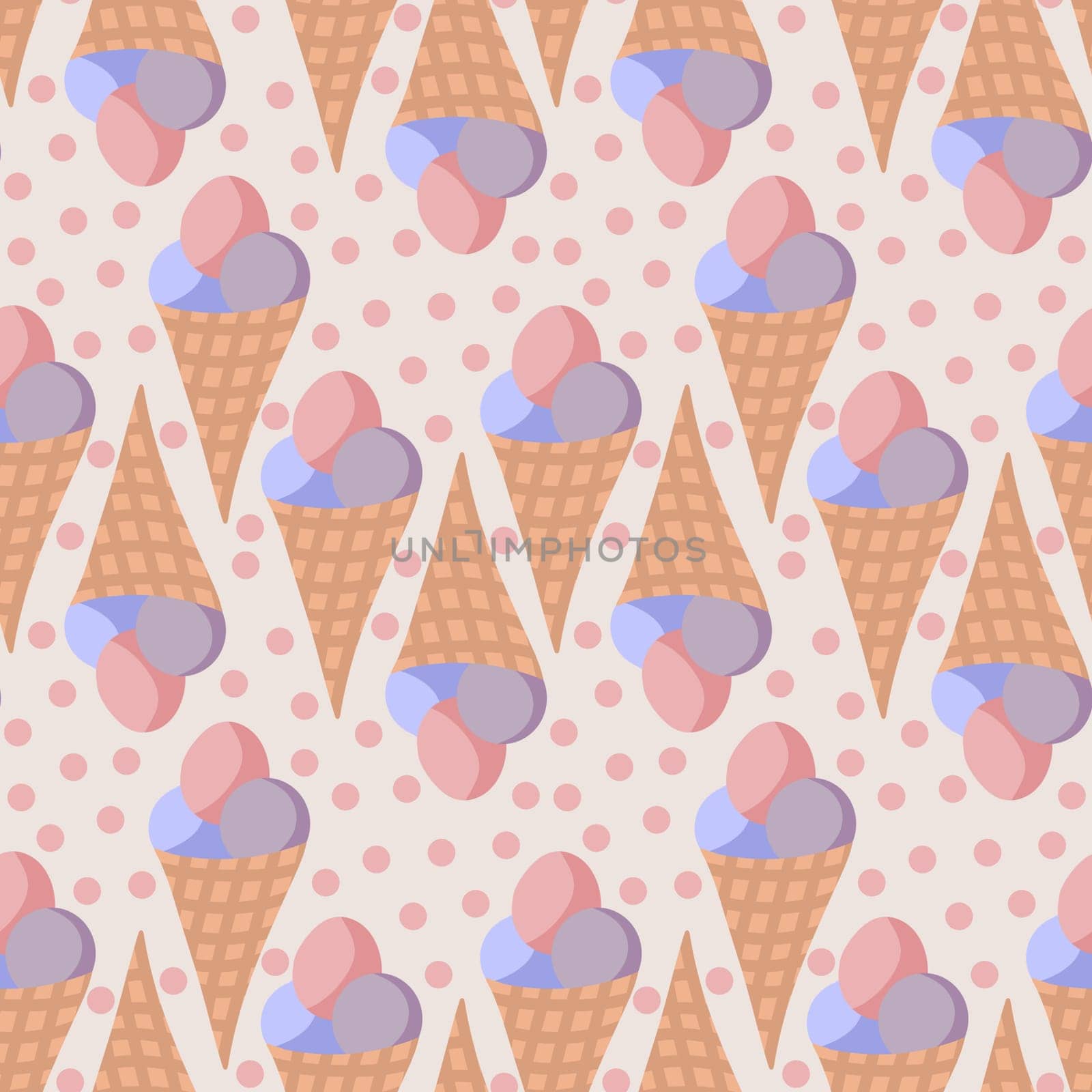 Hand drawn seamless pattern of ice cream with polka dot, retro vintage style. Pink lilac yellow round shape with chocolate, sweet tasty summer holiday food, fun design for colorful beach art. by Lagmar