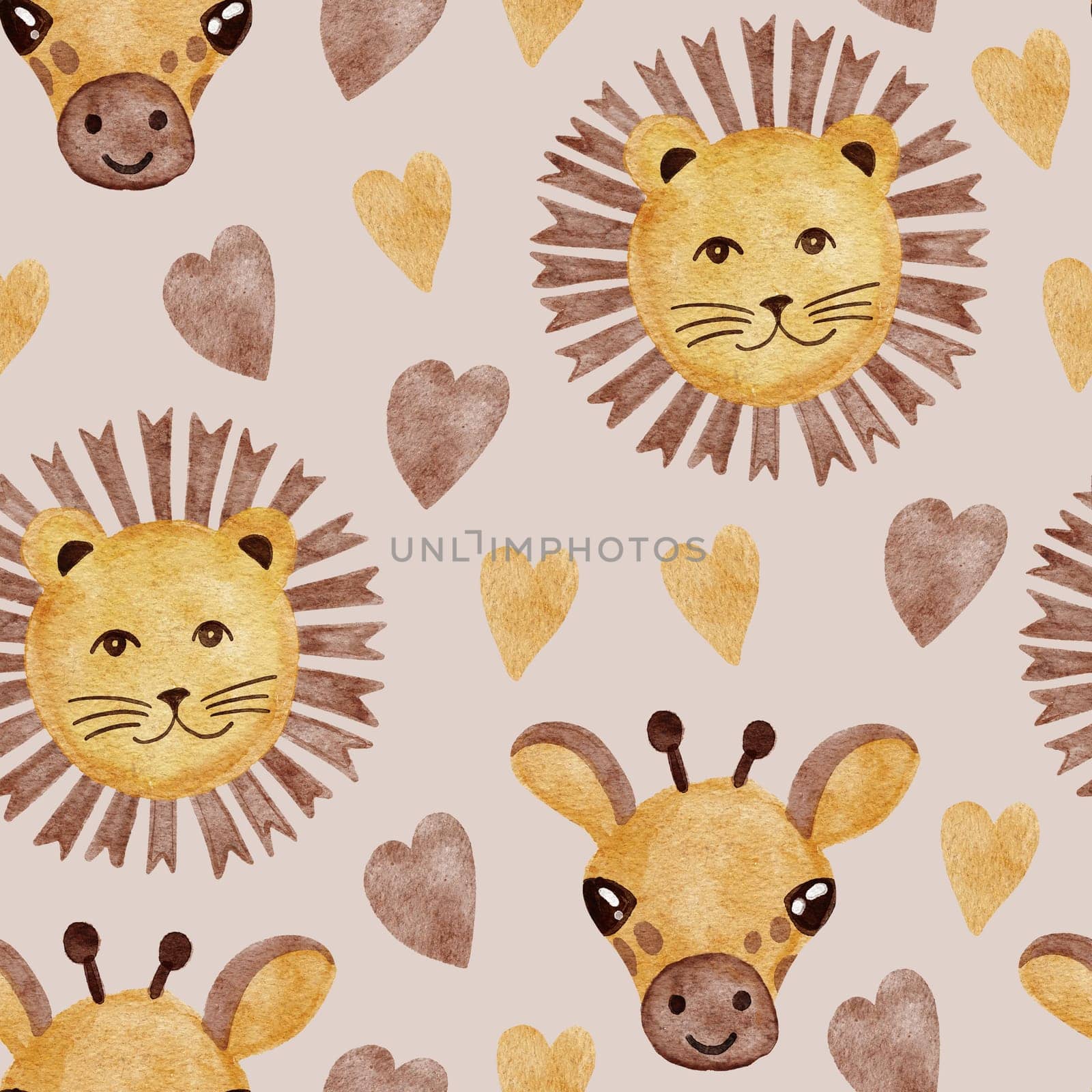 Hand drawn seamless pattern with watercolor african lions and giraffe. Cute beige brown heart, funny animal print for kids children nursery, ild wildlife zoo safari illustration, modern boho. by Lagmar