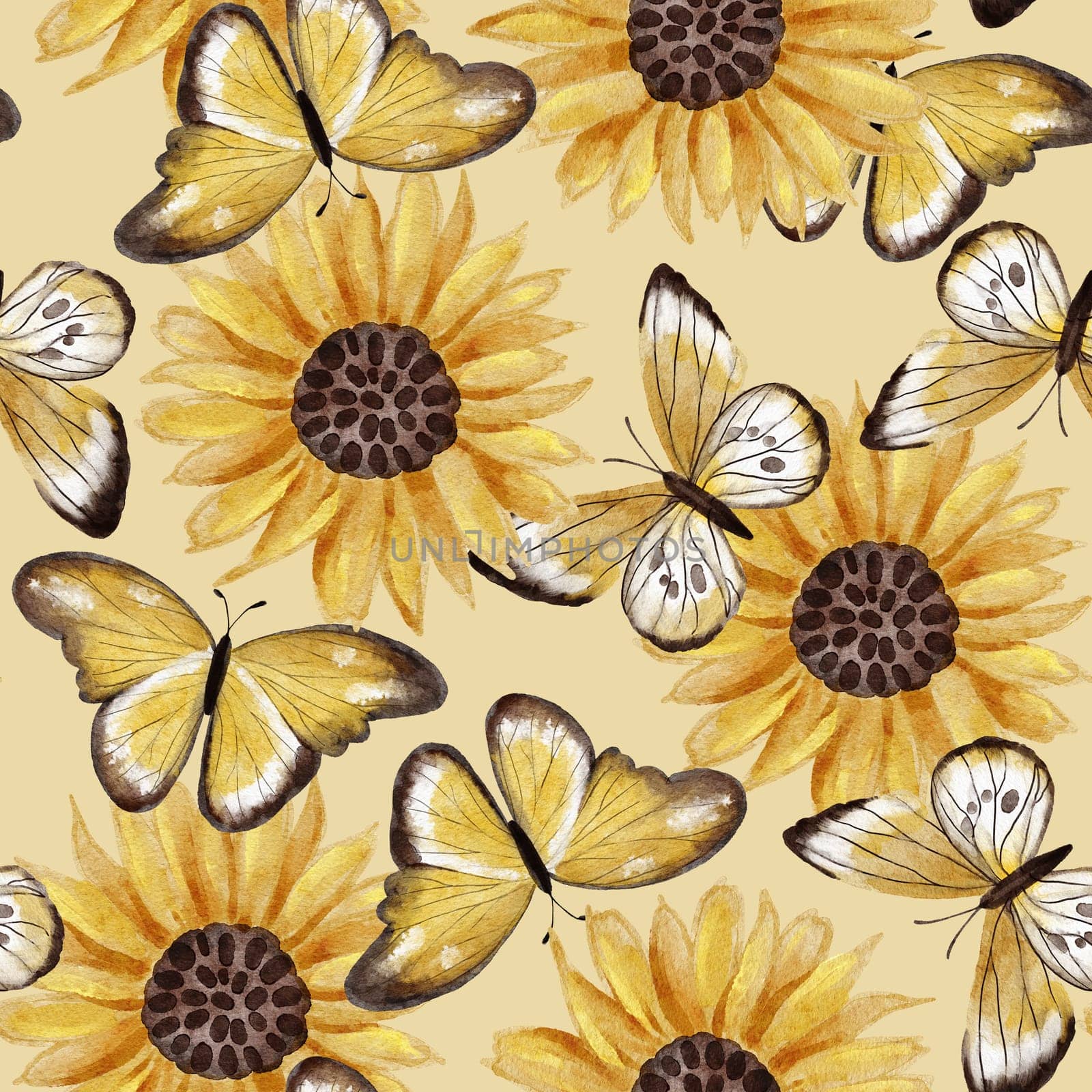 Watercolor seamless hand drawn pattern with realistic summer natural sunflowers flowers butterfly insect. Bright vibrant summer floral background. Retro decor, blooming nature. Beige textile wrapping paper . by Lagmar