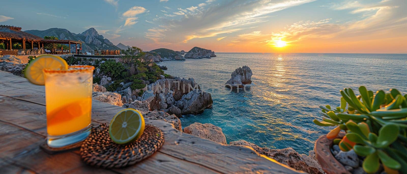 Margarita on a cliffside terrace overlooking the Sea of Cortez, the perfect setting for the classic Mexican cocktail.