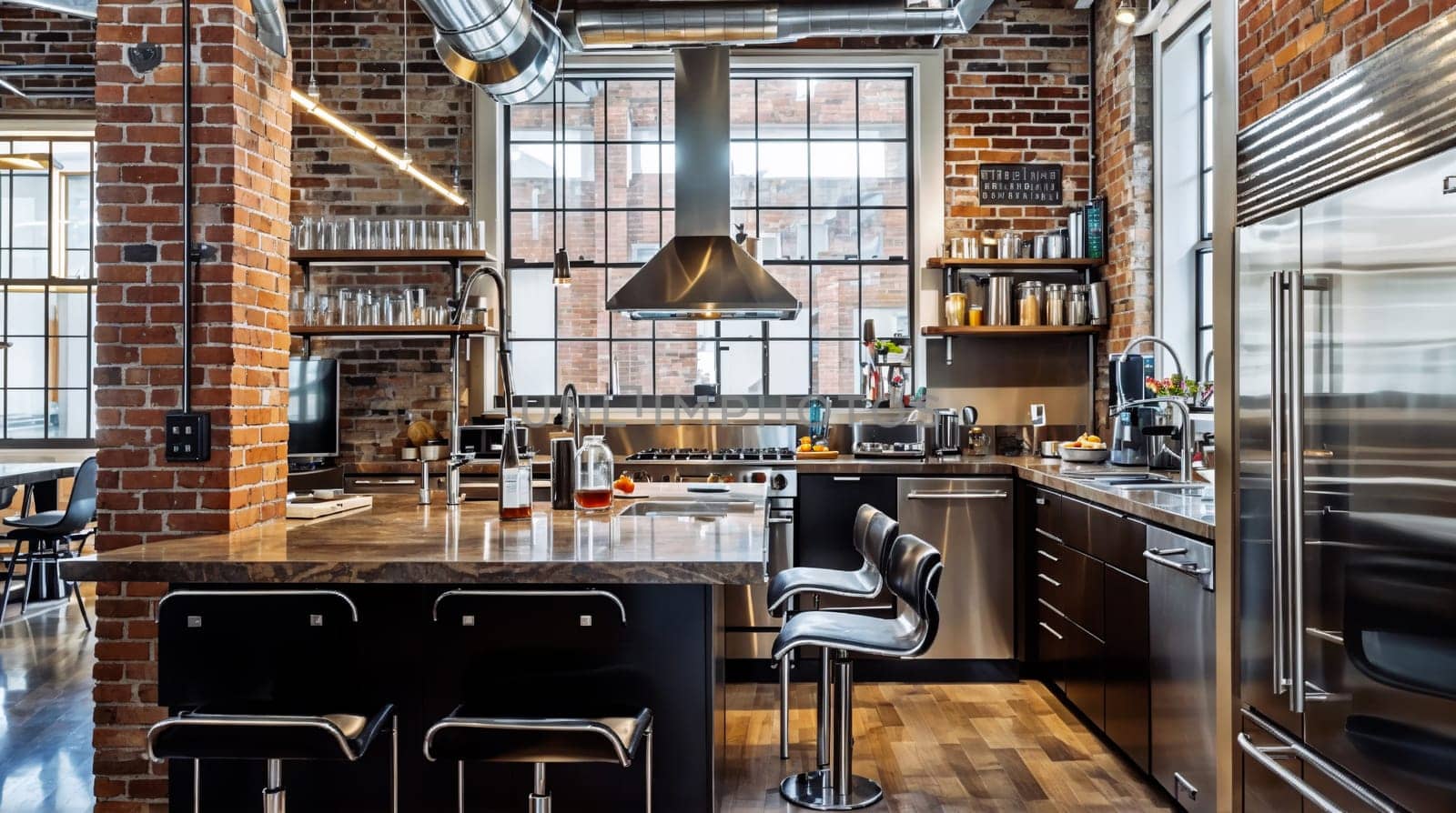 contemporary kitchen design featuring exposed brick walls, sleek black cabinetry, a large island with seating, and industrial-style lighting elements in a brightly lit urban setting - Generative AI