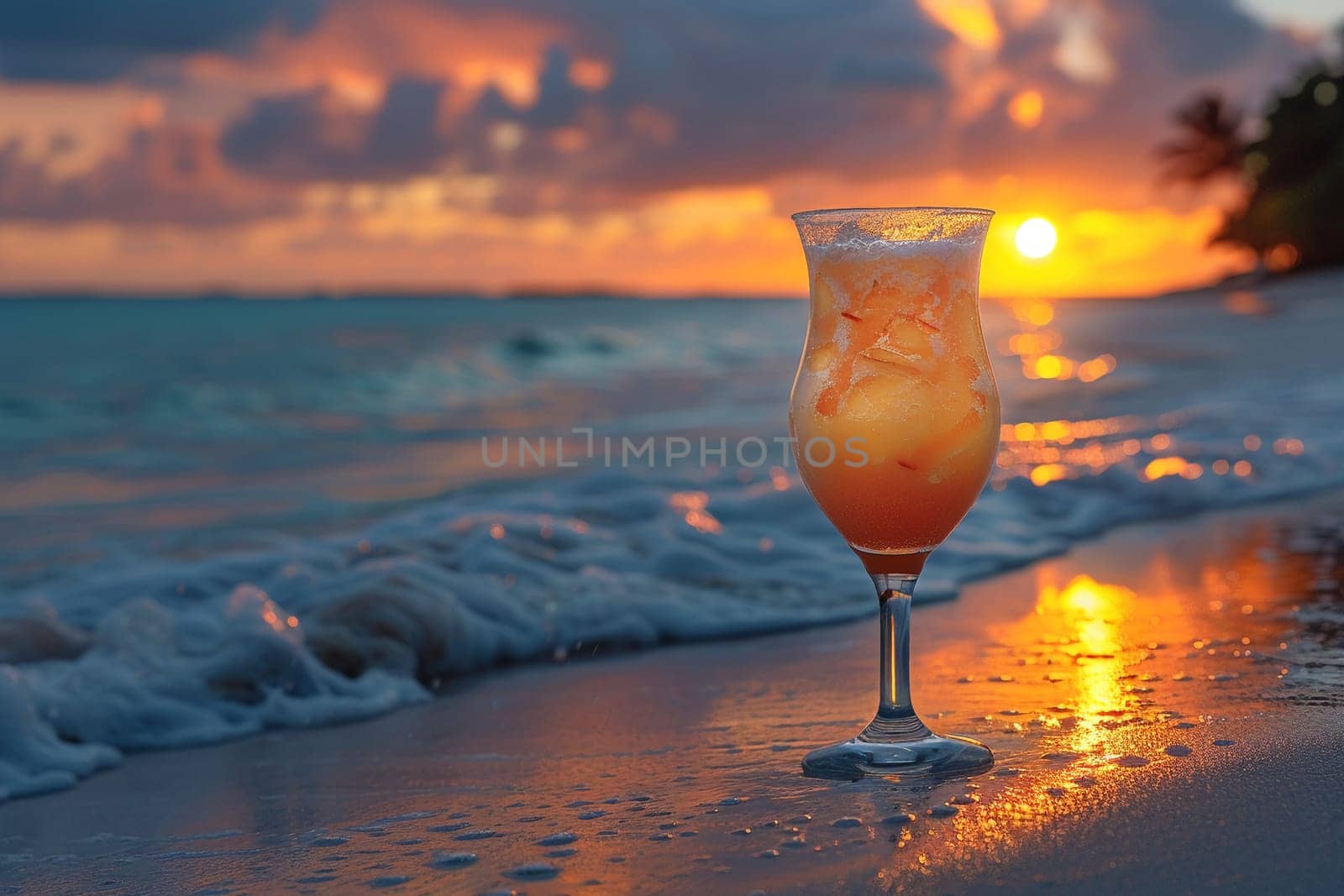 Pina Colada at a seaside resort in the Caribbean, with a tropical sunset painting the sky.