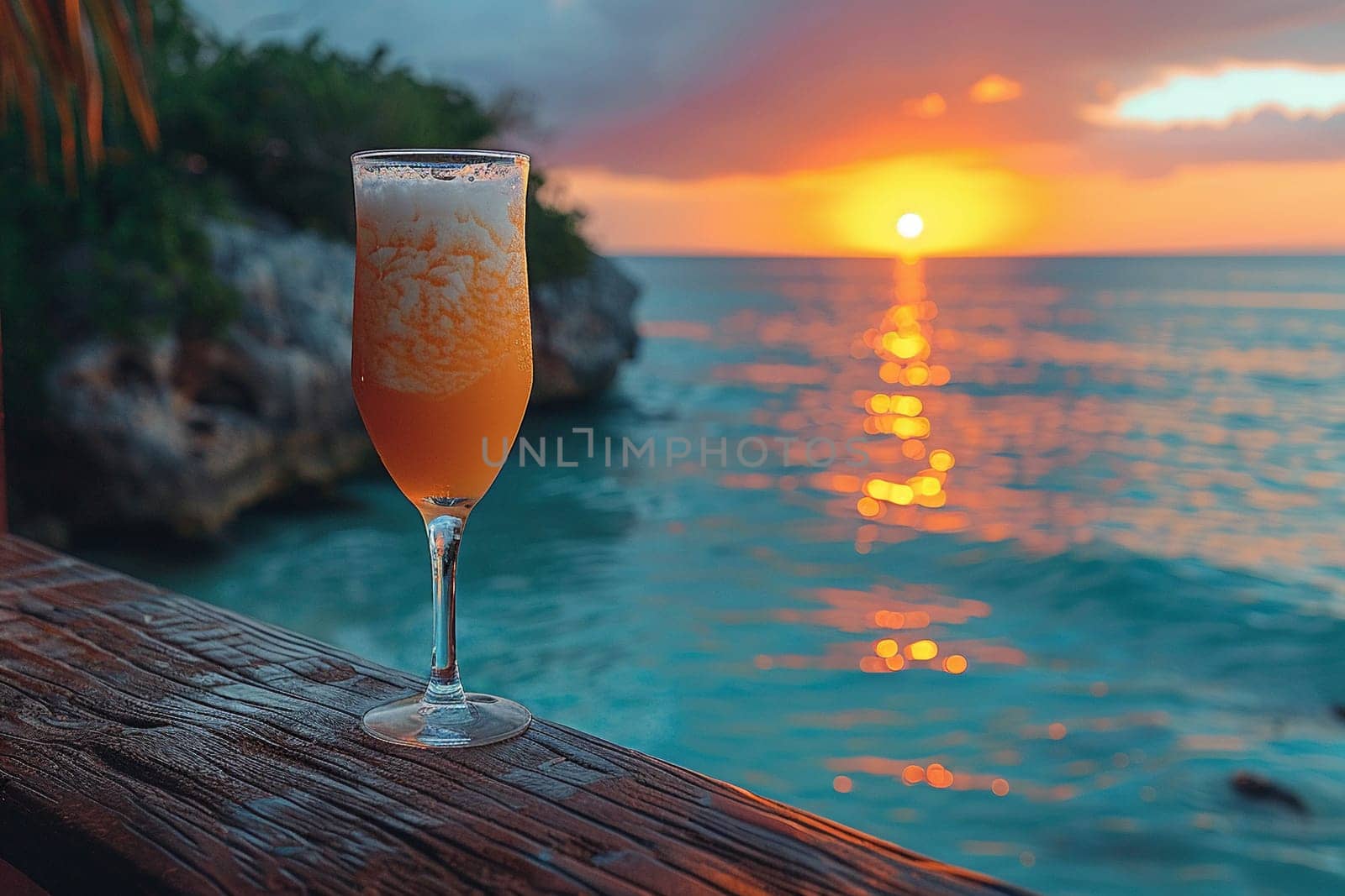 Pina Colada at a seaside resort in the Caribbean, with a tropical sunset painting the sky.