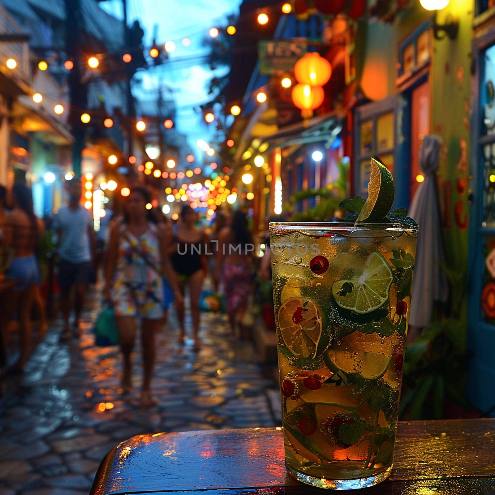 Caipirinha on a colorful street in Rio de Janeiro during Carnival, encompassing the spirit of Brazil.