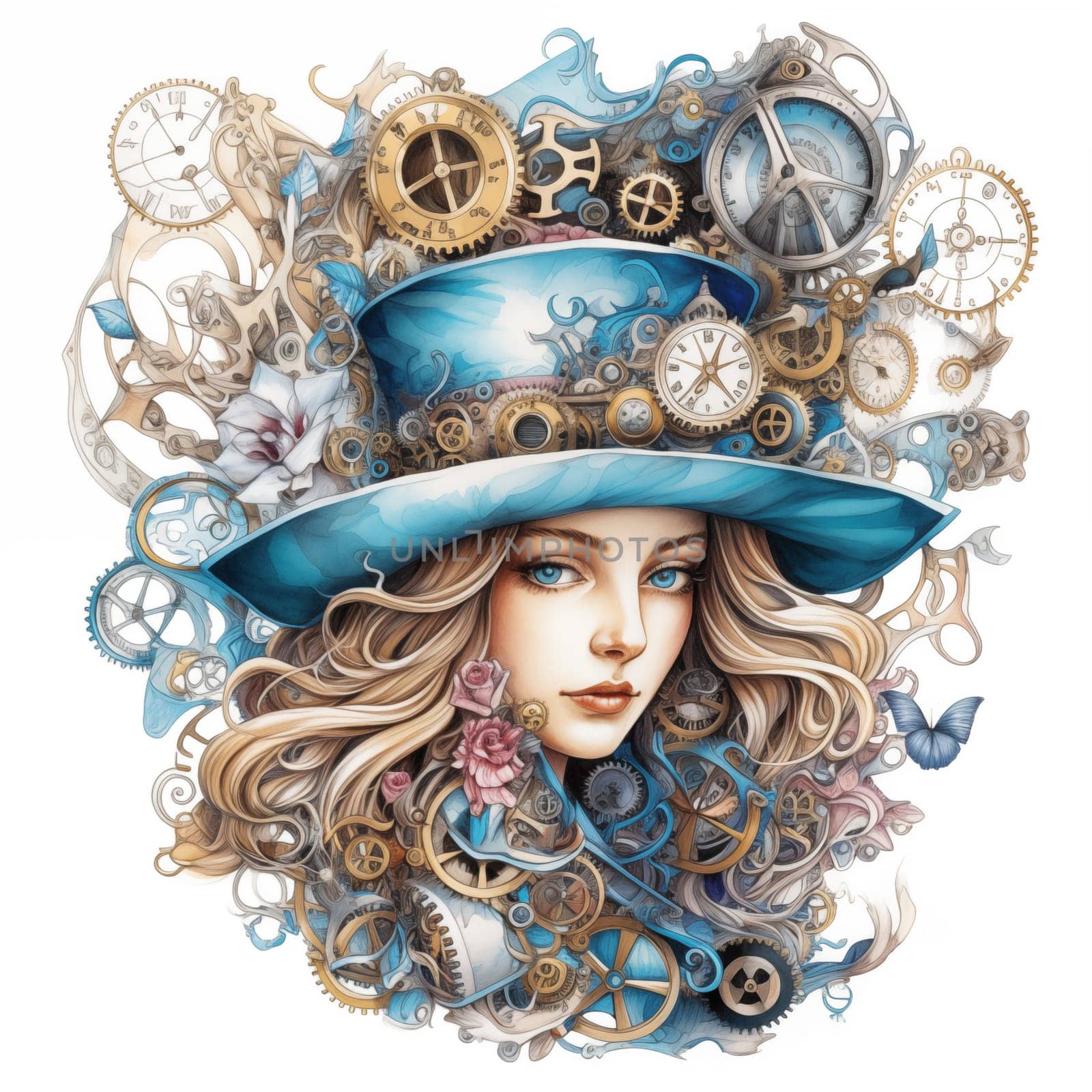 Alice in Wonderland in Steampunk Style Illustration. Portrait of a Girl in Abstract Hat.