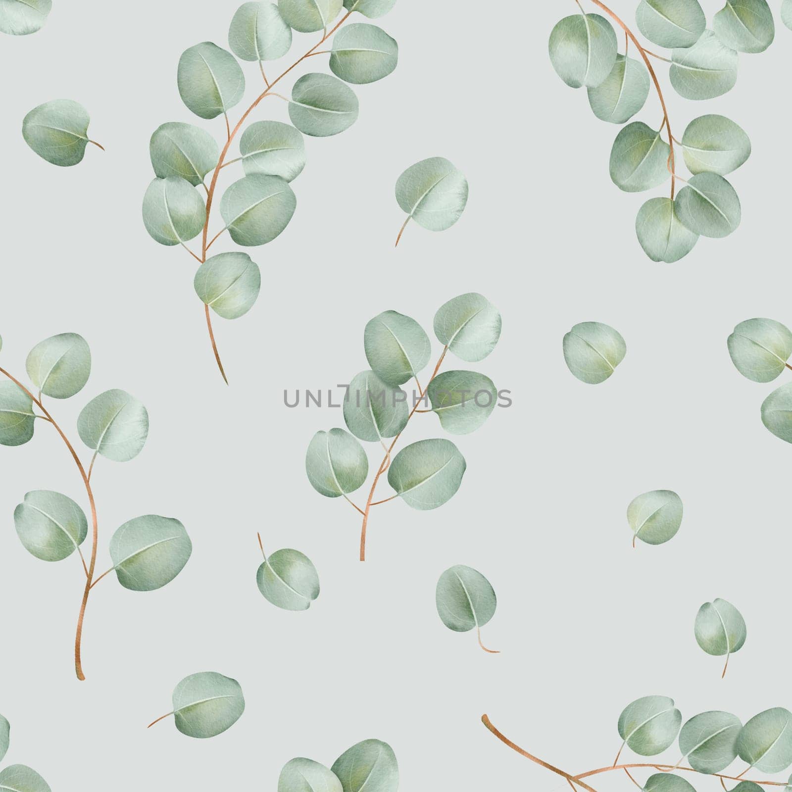 Seamless pattern featuring delicate watercolor eucalyptus branches on a light green backdrop. for wallpaper, fabric design, stationery, packaging. adding a touch of natural beauty and serenity by Art_Mari_Ka