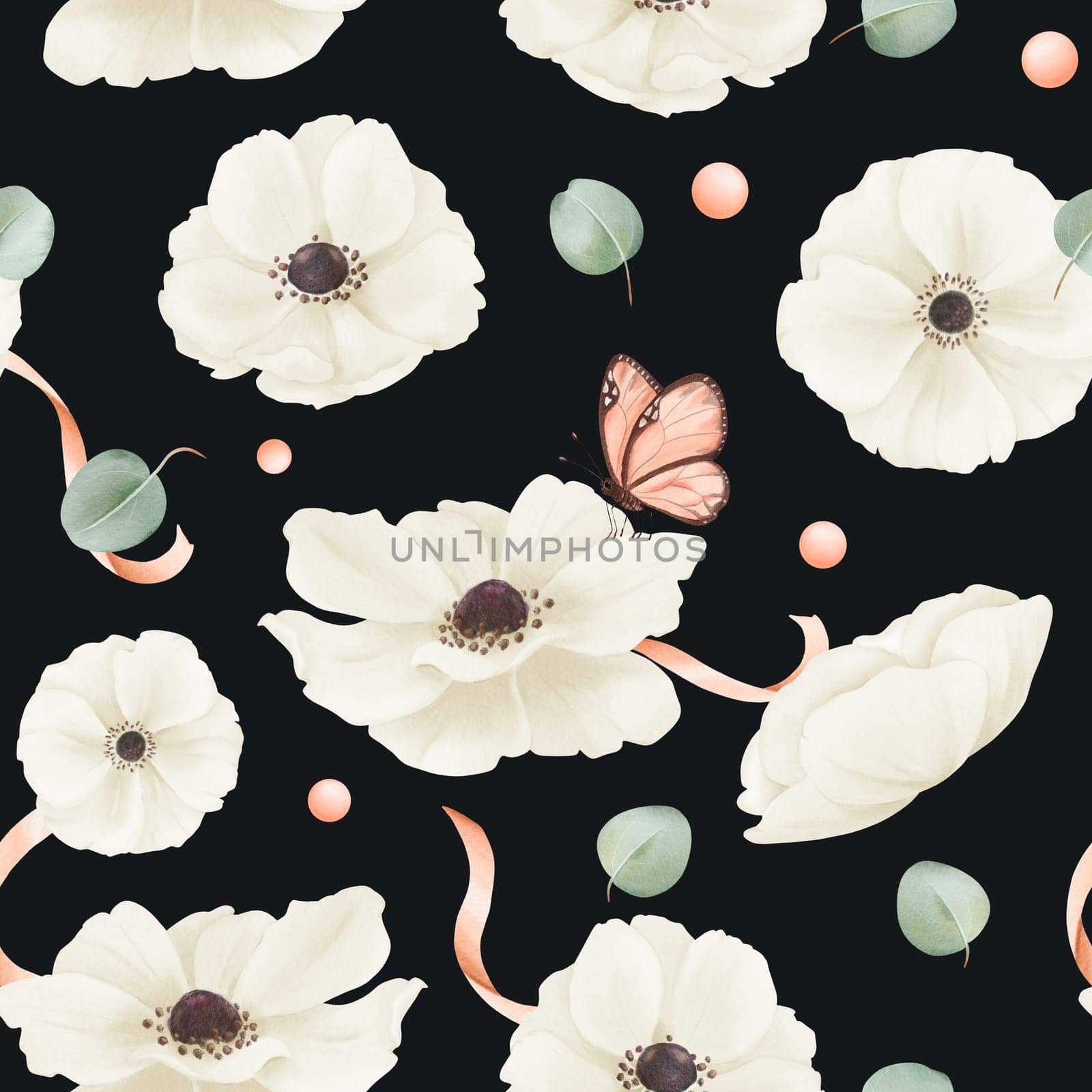 Seamless pattern featuring white watercolor anemones, eucalyptus leaves, satin ribbons, and rhinestones. textile, web design, print materials greeting cards wallpapers gift packaging accessories.