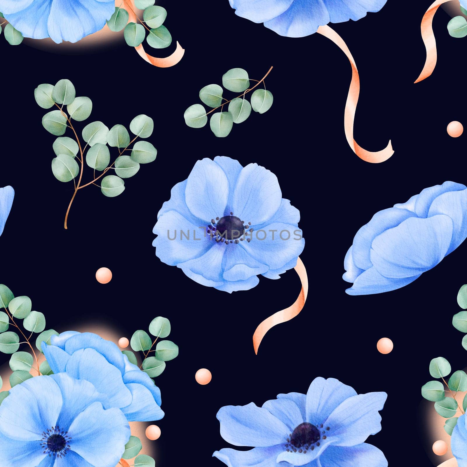 A seamless pattern watercolor floral elements set against a deep black backdrop. Elegant blue anemones, satin ribbons, sparkling rhinestones, and delicate eucalyptus leaves adorn the design by Art_Mari_Ka