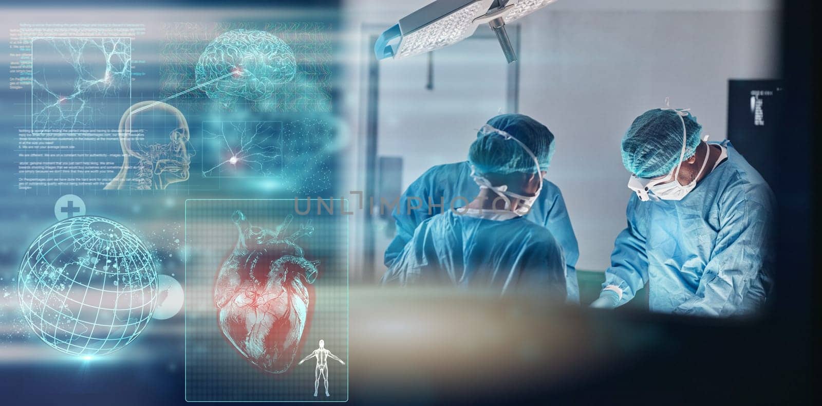 Doctors, hospital and surgery with global hologram of world in operating room with ppe, anatomy and brain icon. Surgeon, group and planet in icu, 3d earth and cardiology with heart overlay at clinic.