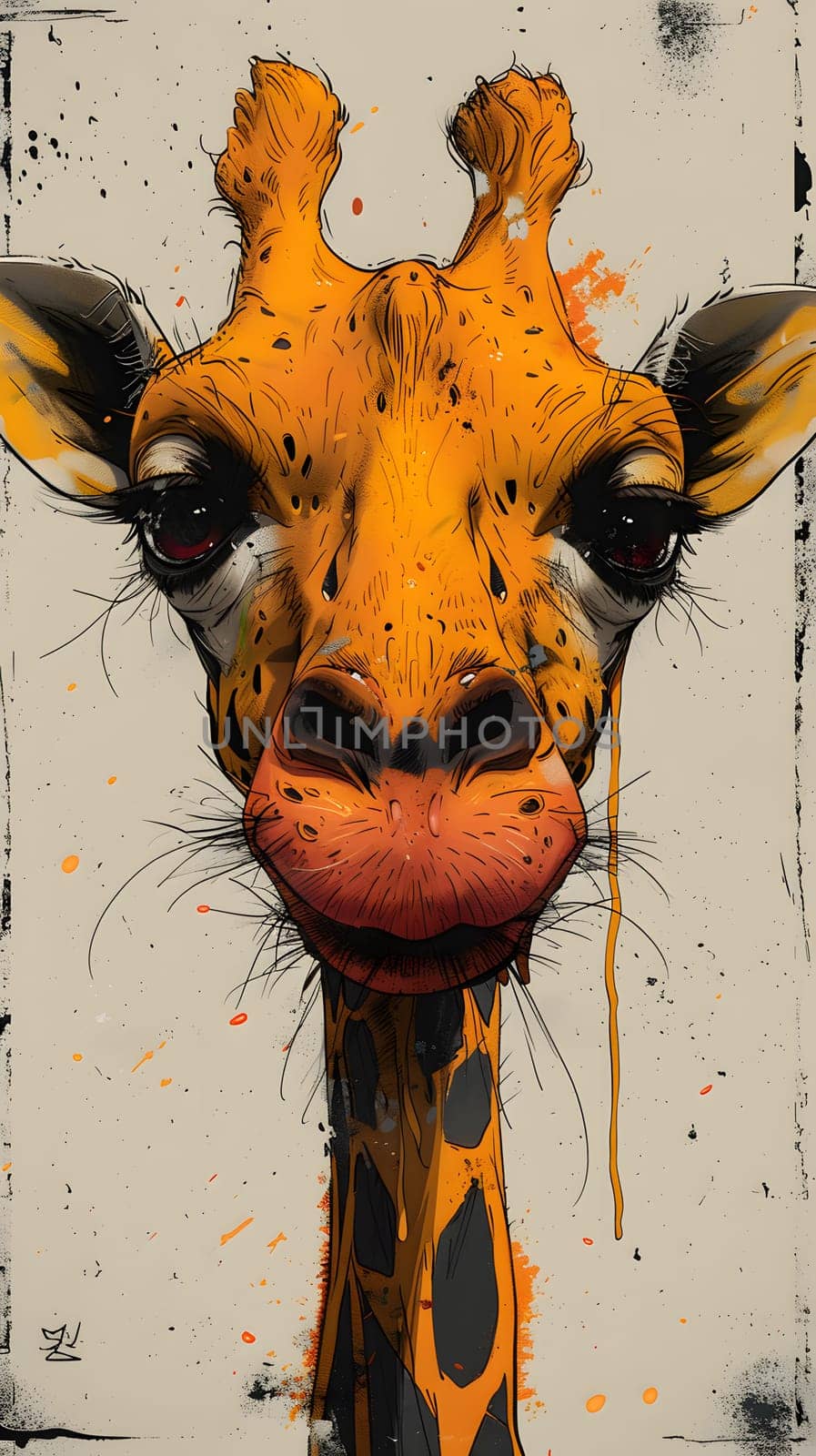 A Giraffidae organism with a red nose painted on a giraffes head by Nadtochiy