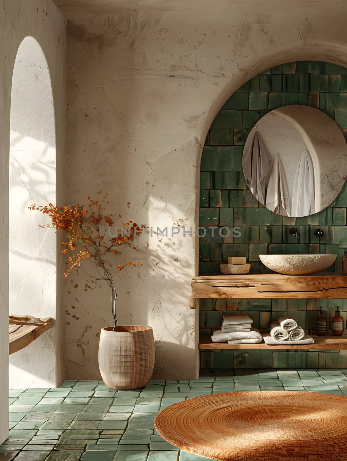 The bathroom features green tiled walls, a sink, and a mirror. The interior design includes wood flooring, brickwork, and a ceiling