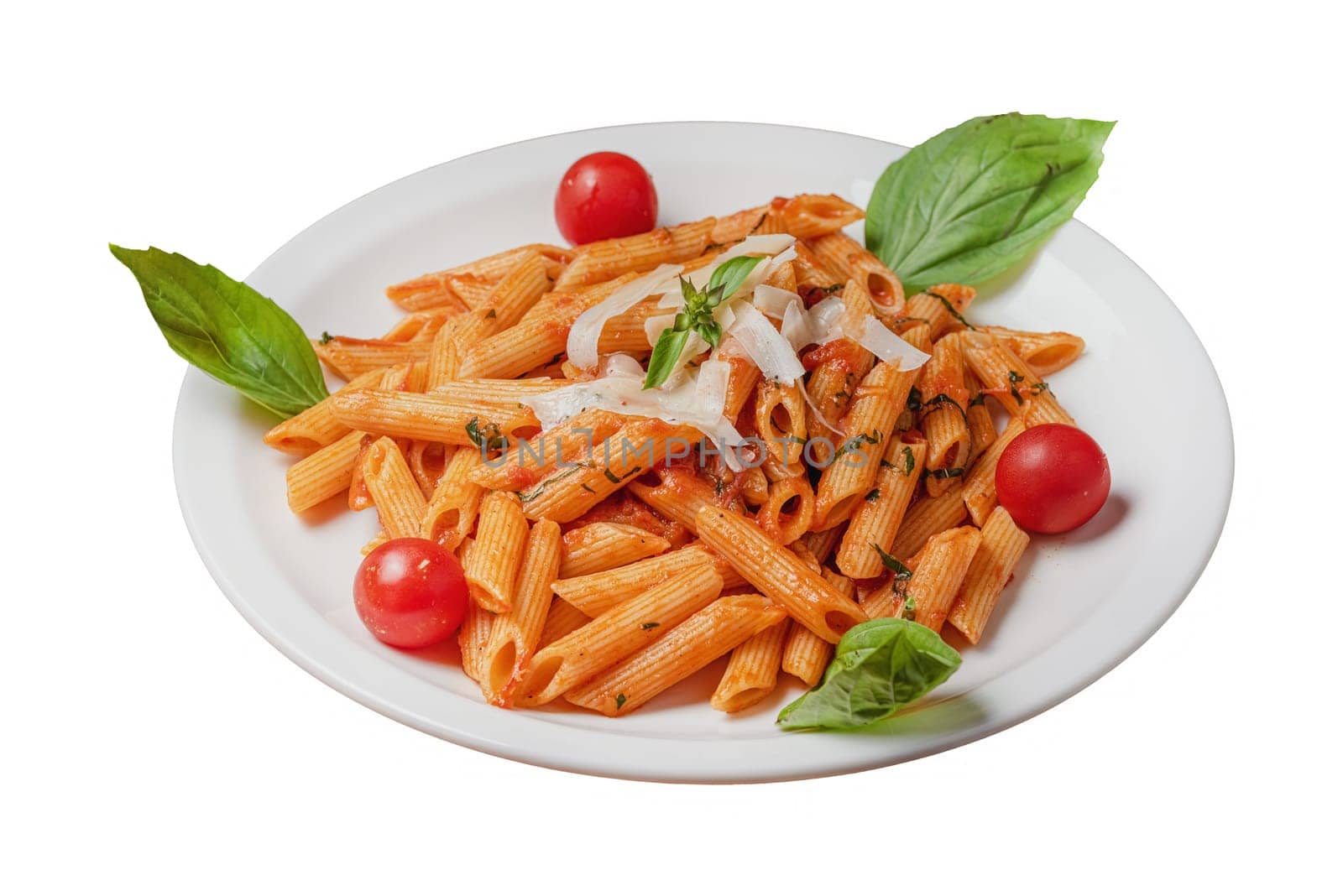 Pasta served with cheese on white background