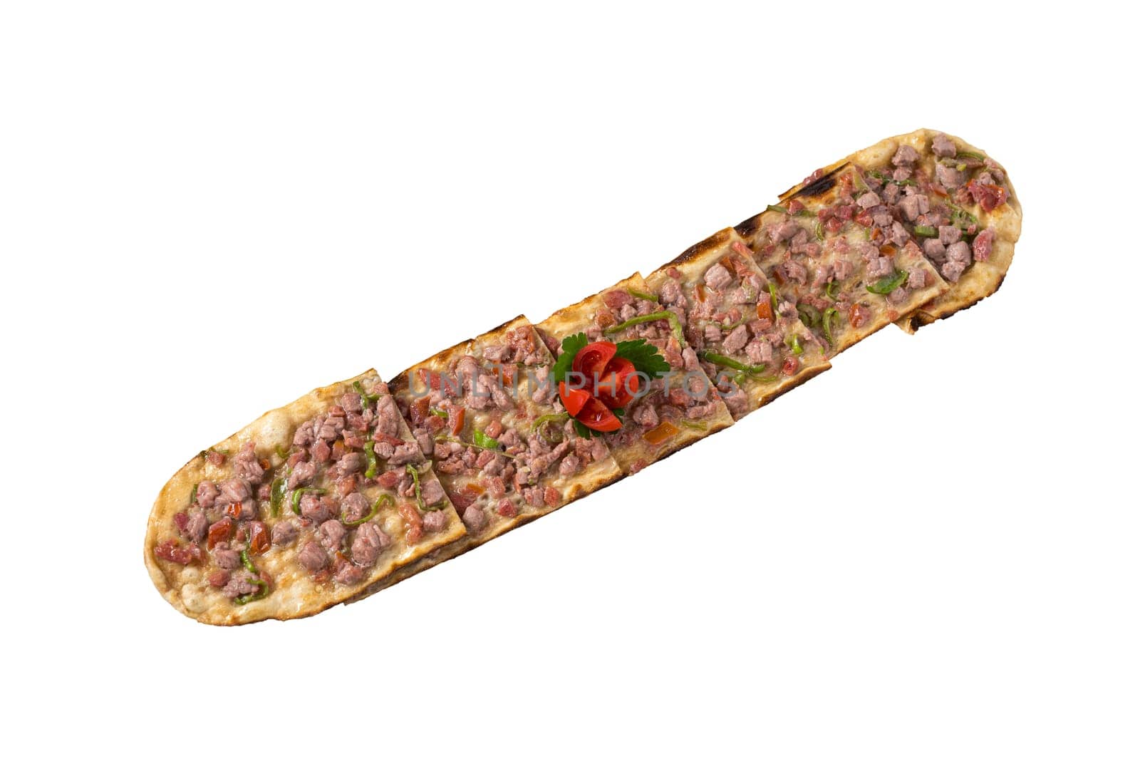 Traditional turkish baked dish pide. Turkish pizza pide, Middle eastern appetizers. Turkish cuisine. Top view. Pide with meat filling by Sonat