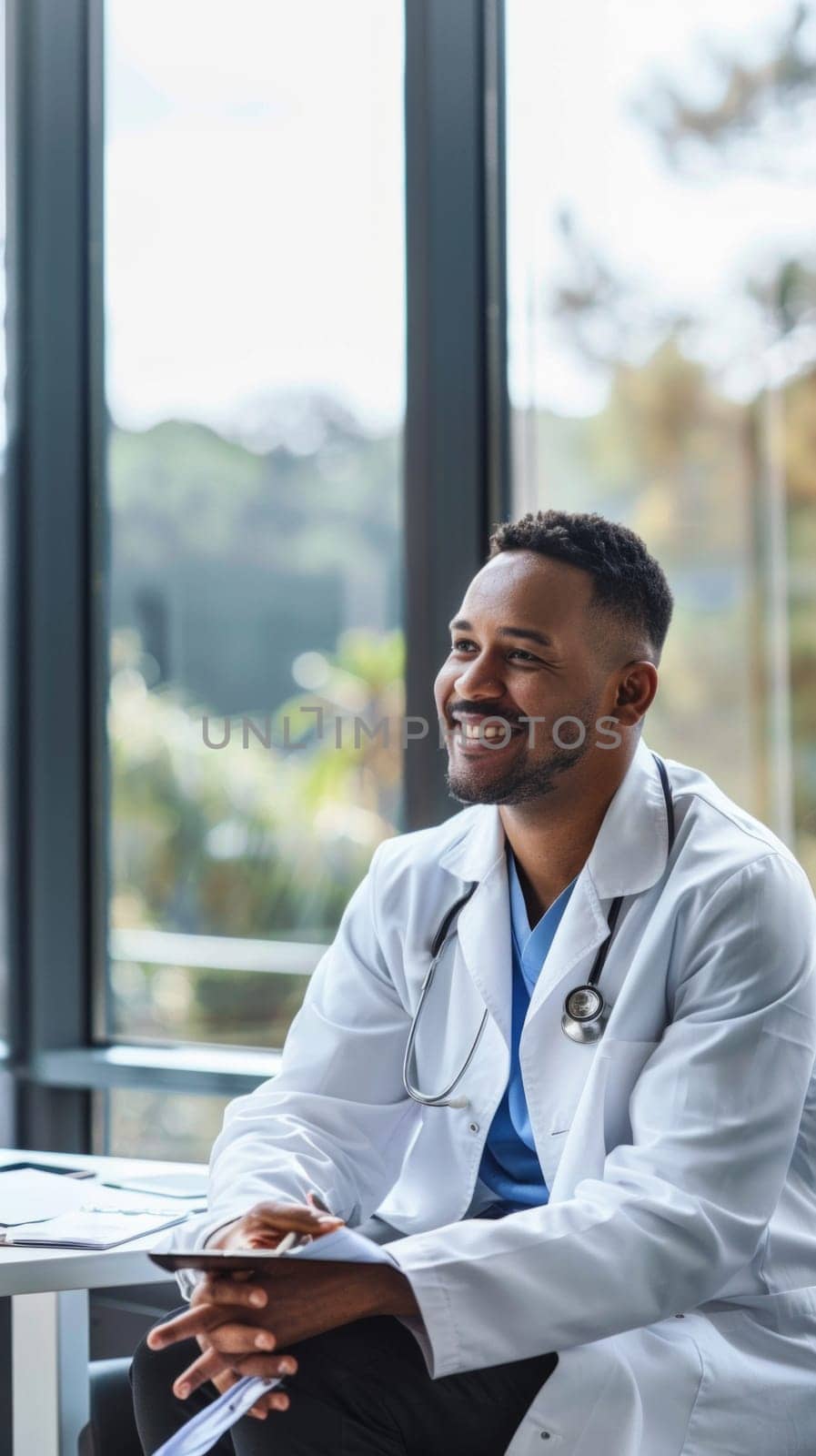 A smiling black male doctor sits at a desk with a clipboard in front of him. He is wearing a white lab coat and a blue shirt
