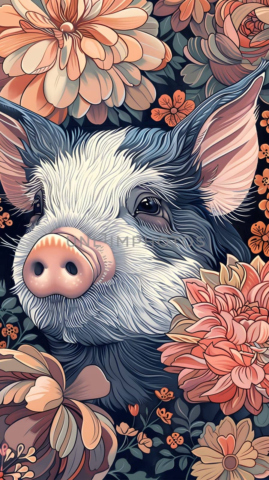 A pig surrounded by flowers in a beautiful painting by Nadtochiy