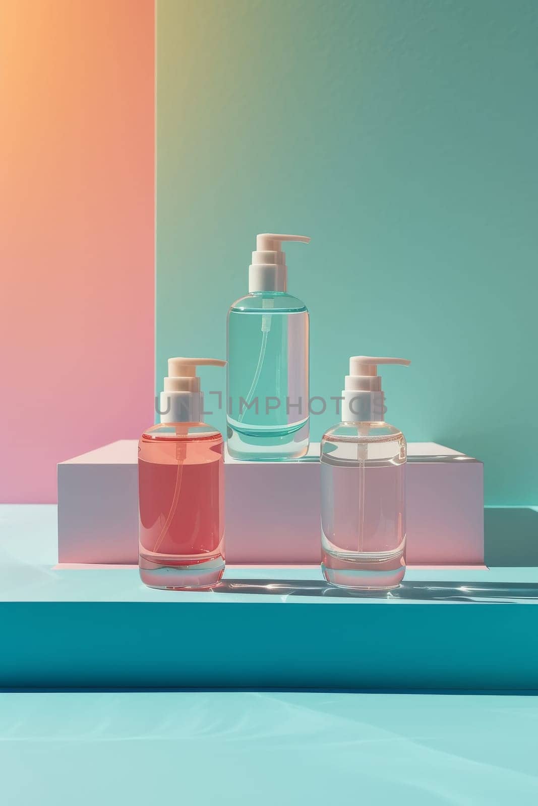 Three bottles of perfume are displayed on a white table, with the person's hands holding them. The bottles are of different colors and sizes, and the scene conveys a sense of luxury and sophistication