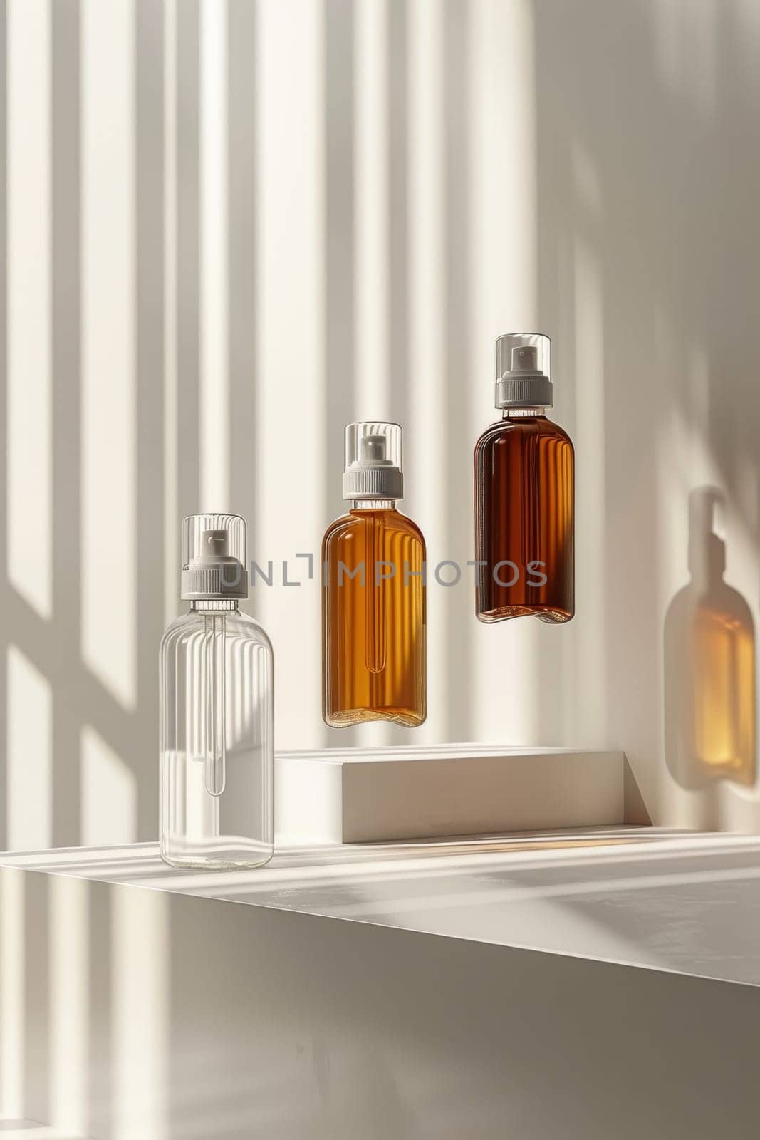 Three bottles of perfume are displayed on a white table, with the person's hands holding them. The bottles are of different colors and sizes, and the scene conveys a sense of luxury and sophistication