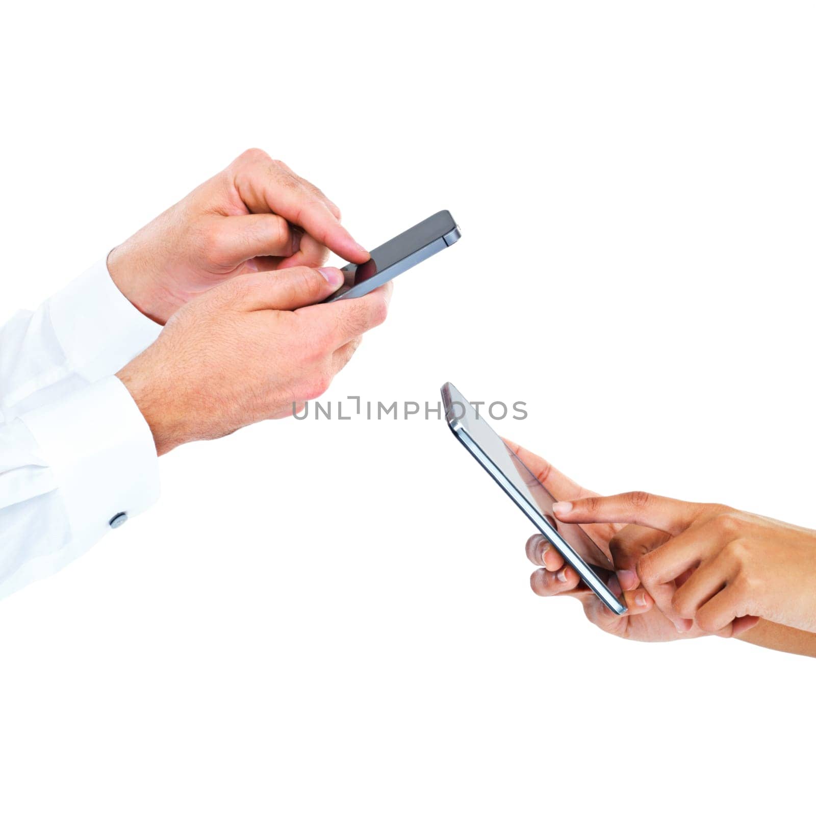 Phone, hands and business people in studio with networking communication closeup on white background. Smartphone, connection and friends with data transfer, file or b2b contact, share or opportunity.