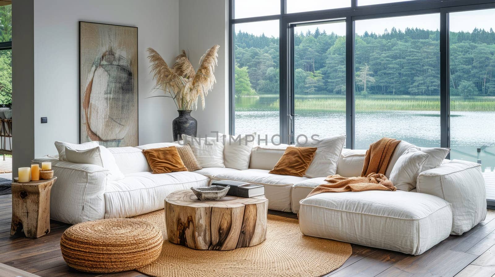 Living room with sofa and large windows overlooking the lake.