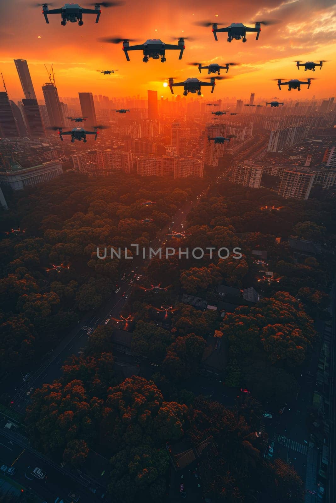 A squadron of unmanned aerial vehicles patrols over the evening city.