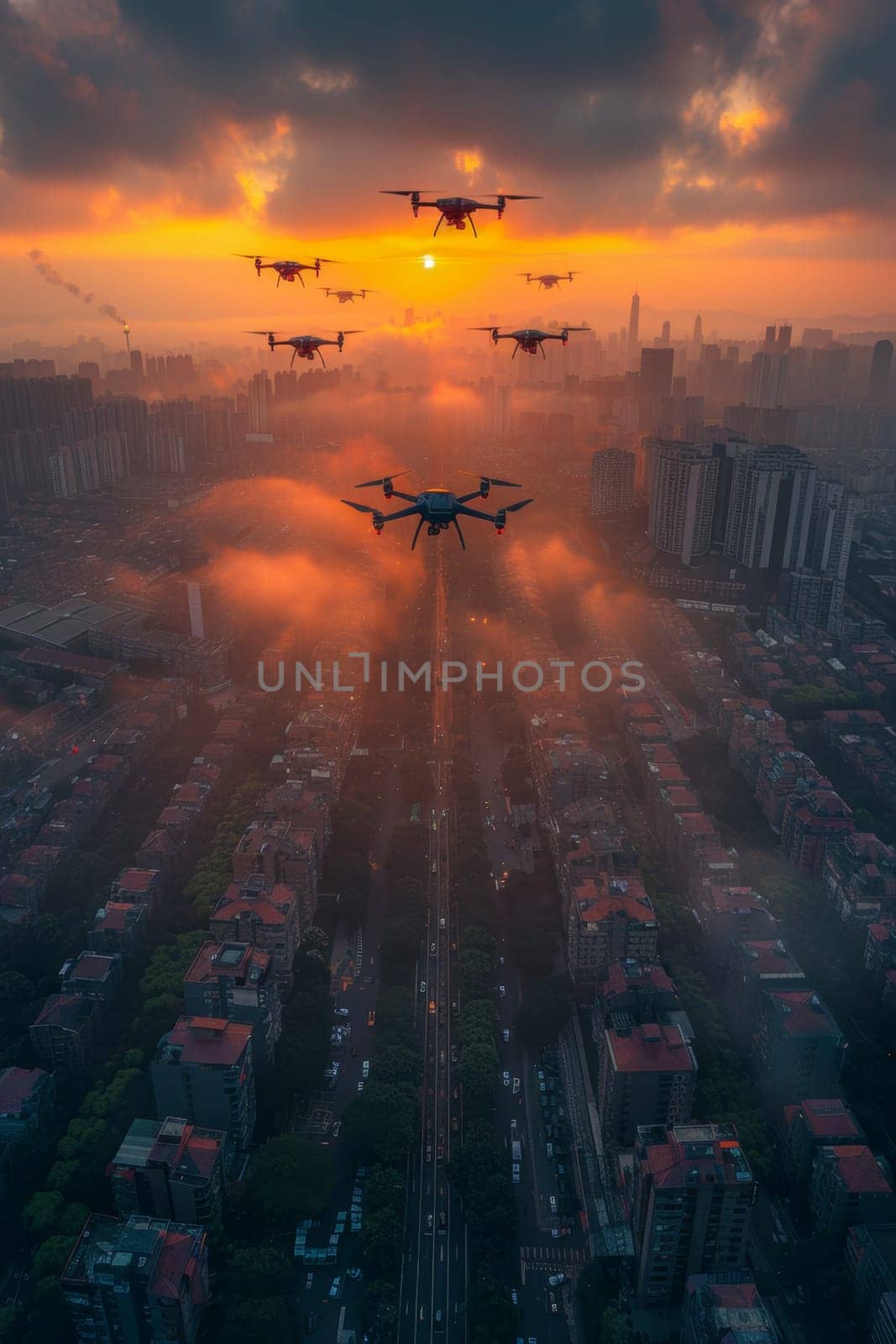 A squadron of unmanned aerial vehicles patrols over the evening city.