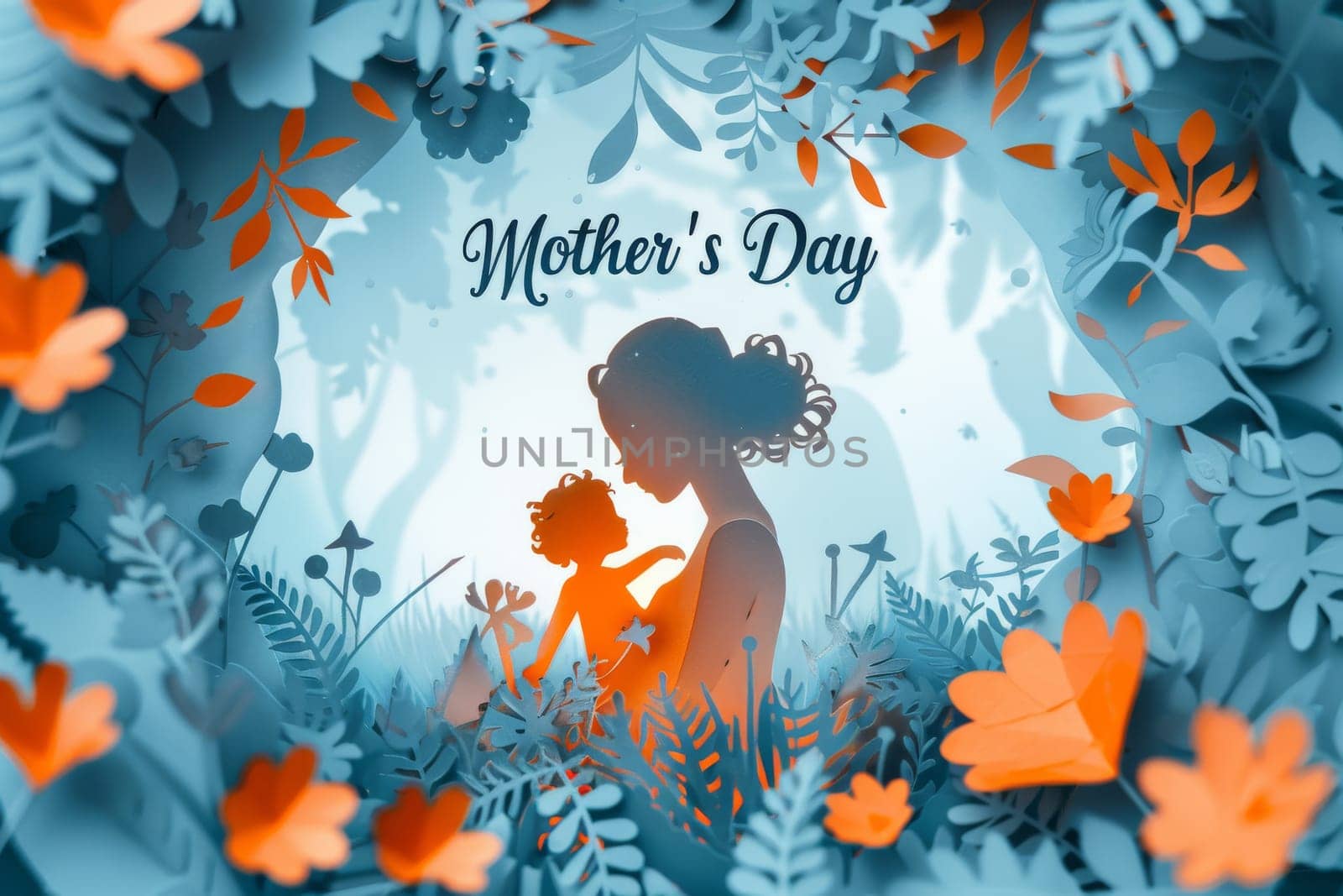 A blue and white Mother's Day card with a woman and child on it. The card is decorated with flowers and has a blue background