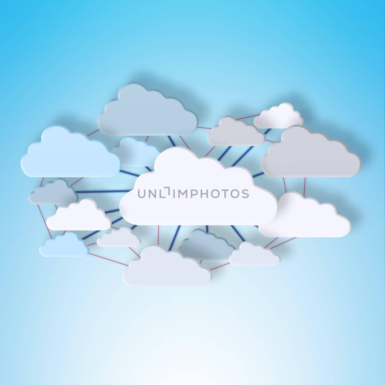Cloud computing, connection and data with sign, link and information technology for art on blue background. Networking, storage icon and futuristic it for digital transformation with expansion on web.