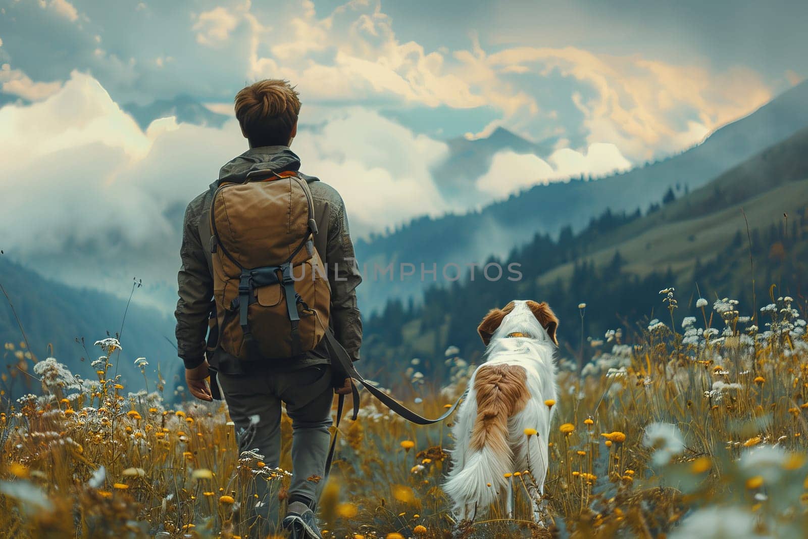A man and his dog are walking through a field of yellow flowers by itchaznong