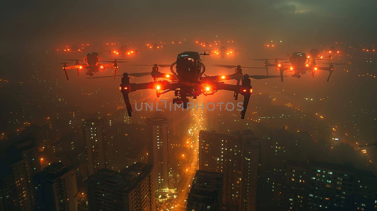 A squadron of unmanned aerial vehicles patrols over the evening city.