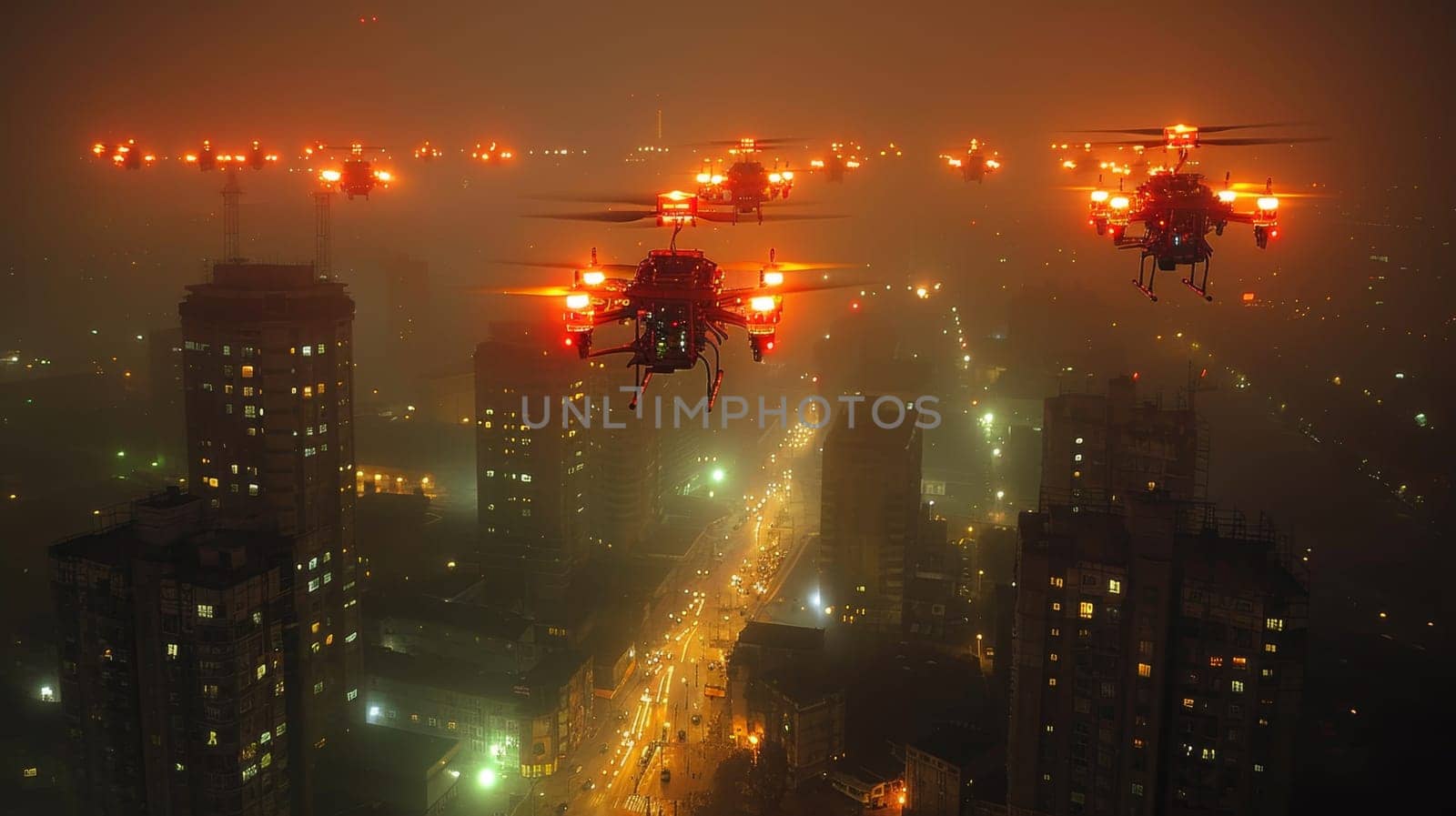 A squadron of unmanned aerial vehicles patrols over the evening city.