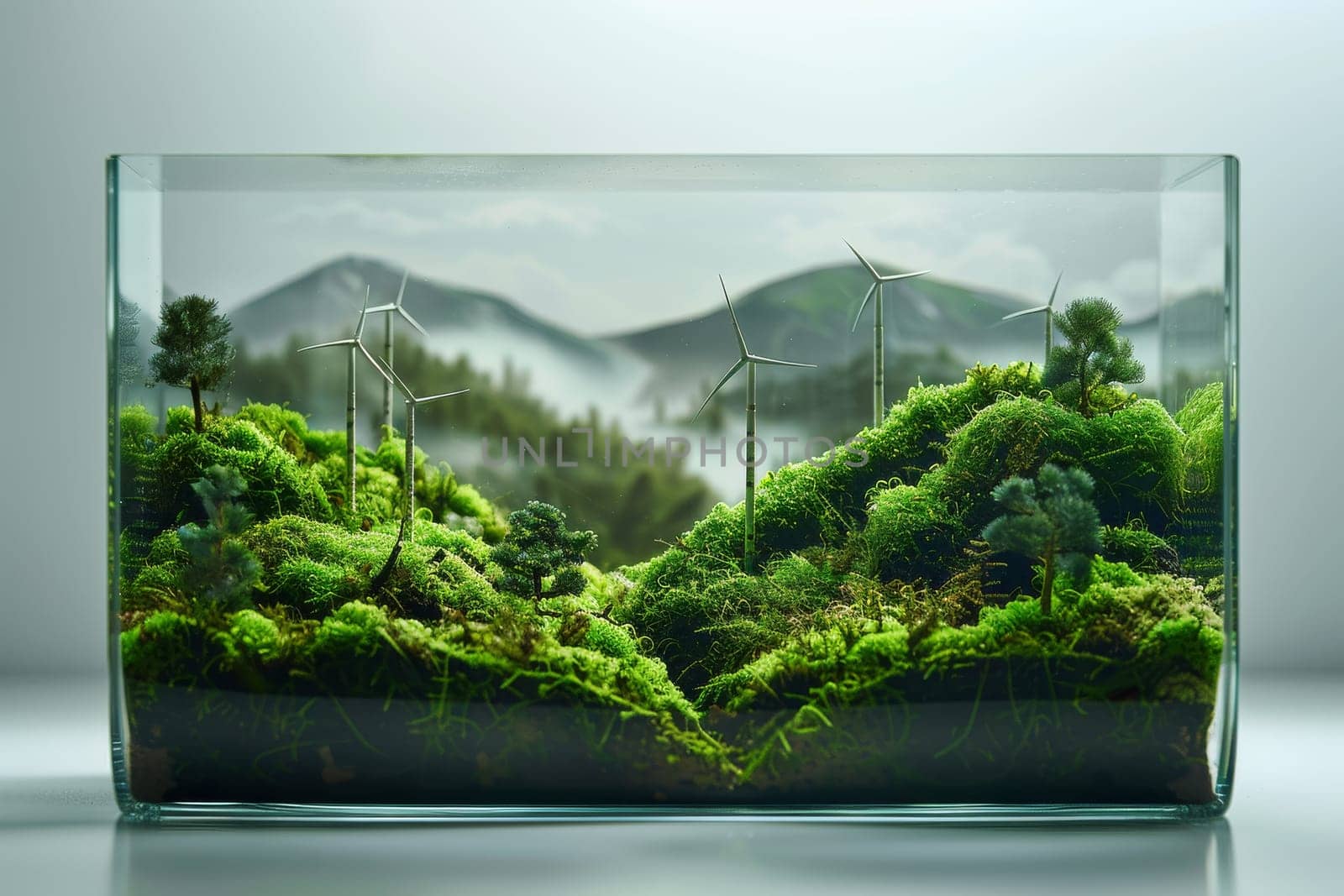 A glass terrarium with a landscape of moss and rocks. The terrarium is small and has a mountain range in the background