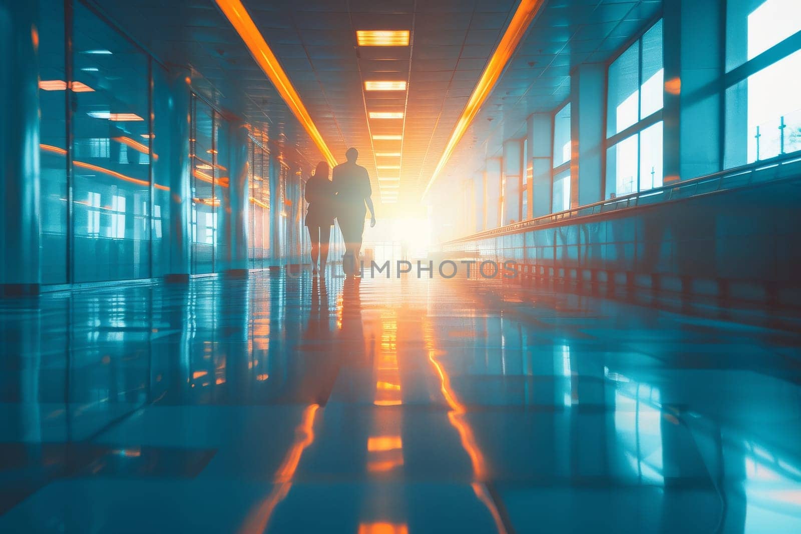 A hospital hallway with people sitting in chairs. Health care concept by itchaznong