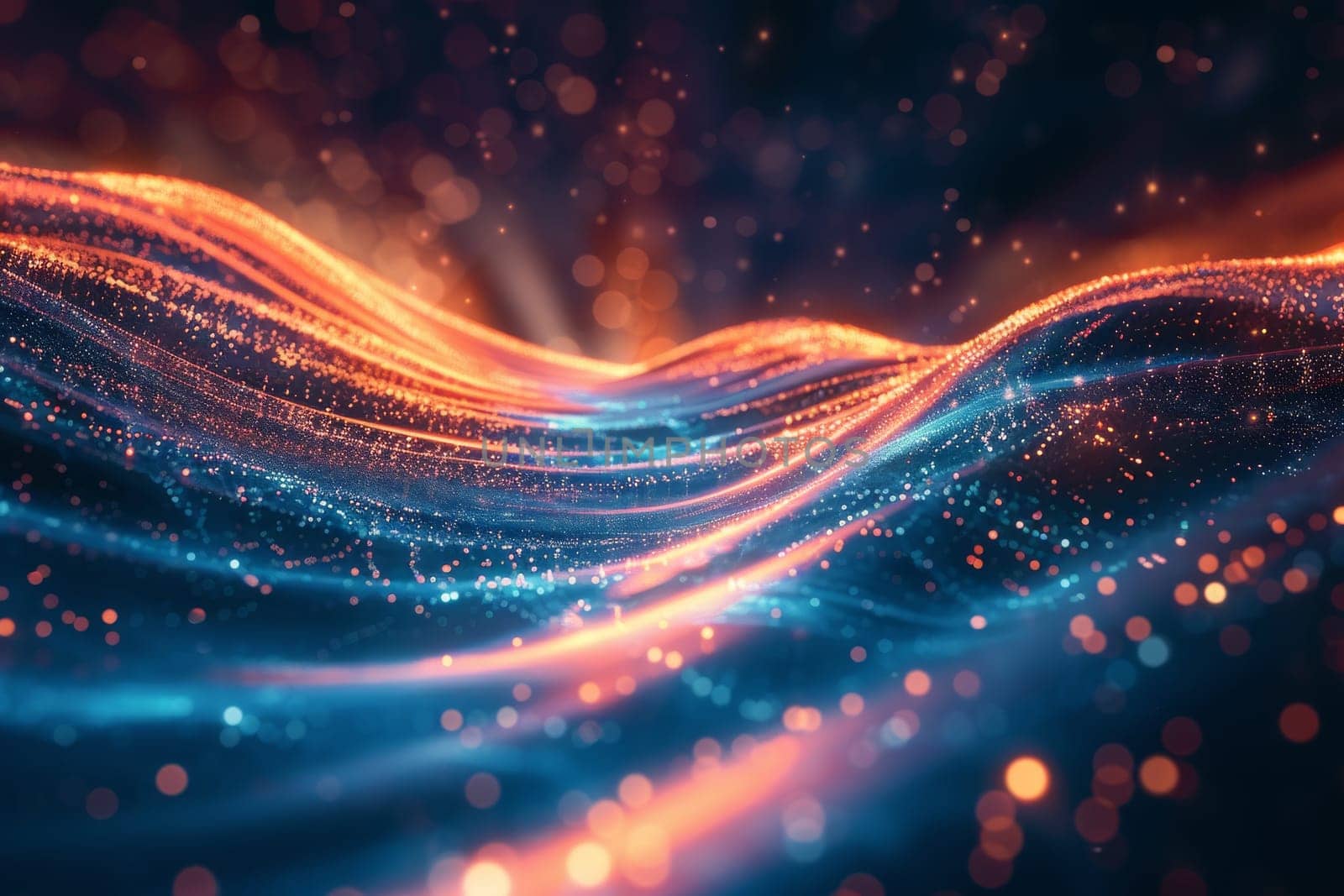 A blue and orange wave with a lot of sparkles. Futuristic technology Background by itchaznong