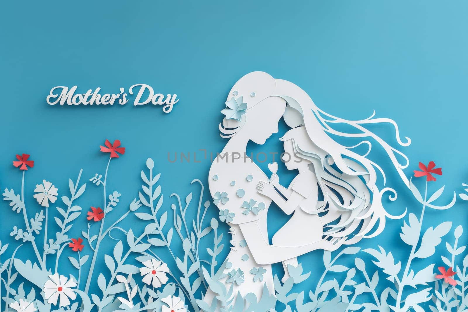 A blue and white Mother's Day card with a woman and child on it. The card is decorated with flowers and has a blue background