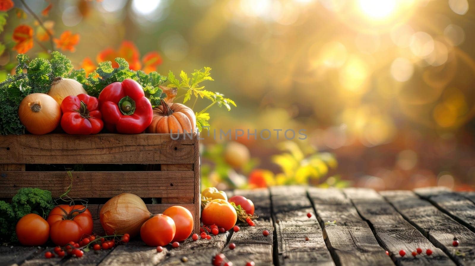 A woman is holding a basket of vegetables, including tomatoes, broccoli, and carrots. The basket is placed on her lap, and she is in a garden setting. Concept of freshness and abundance