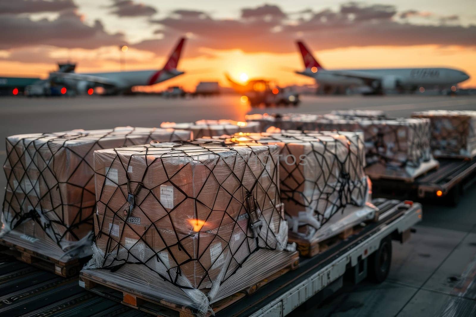 A plane is parked at an airport with a sunset in the background. The plane is a red and white one. There are several boxes on a cart, and they are being loaded onto the plane