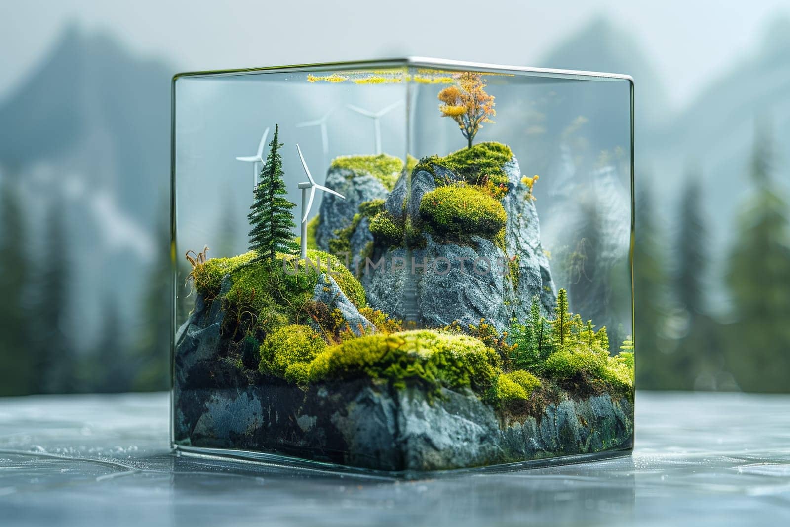 A glass terrarium with a landscape of moss and rocks. Energy Sustainability concept by itchaznong