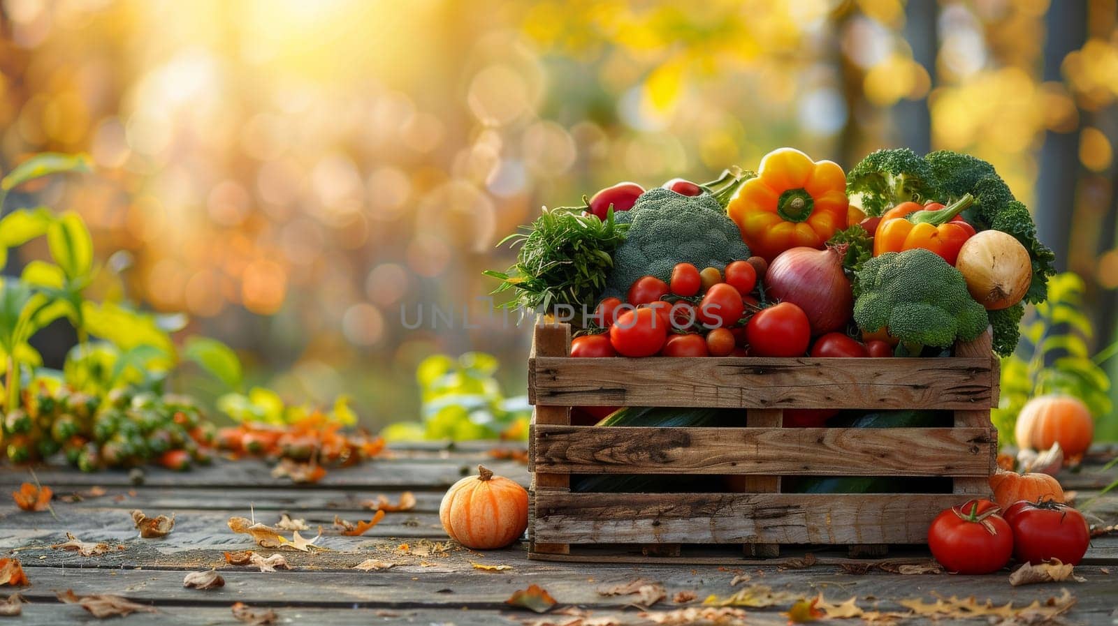 A woman is holding a basket of vegetables, including tomatoes, broccoli, and carrots. The basket is placed on her lap, and she is in a garden setting. Concept of freshness and abundance