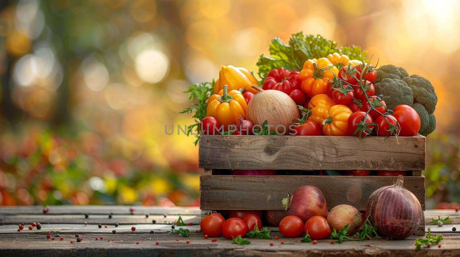 A woman is holding a basket of vegetables, including tomatoes, broccoli, and carrots. The basket is placed on her lap, and she is in a garden setting. Concept of freshness and abundance