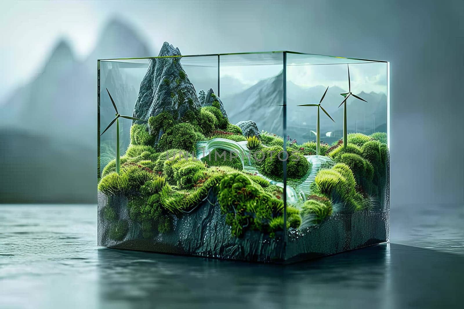 A glass terrarium with a landscape of moss and rocks. Energy Sustainability concept by itchaznong