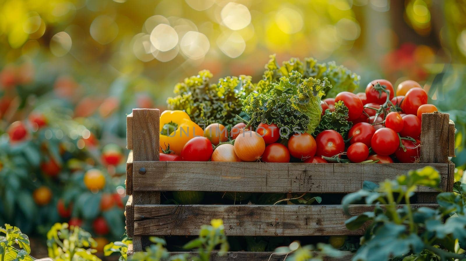 A woman is holding a basket of vegetables, including tomatoes, broccoli, and carrots. The basket is placed on her lap, and she is in a garden setting. Concept of freshness and abundance