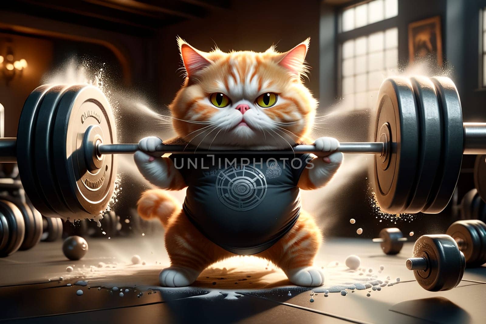 A fat cat in a T-shirt is doing sports in the gym .AI generated image.