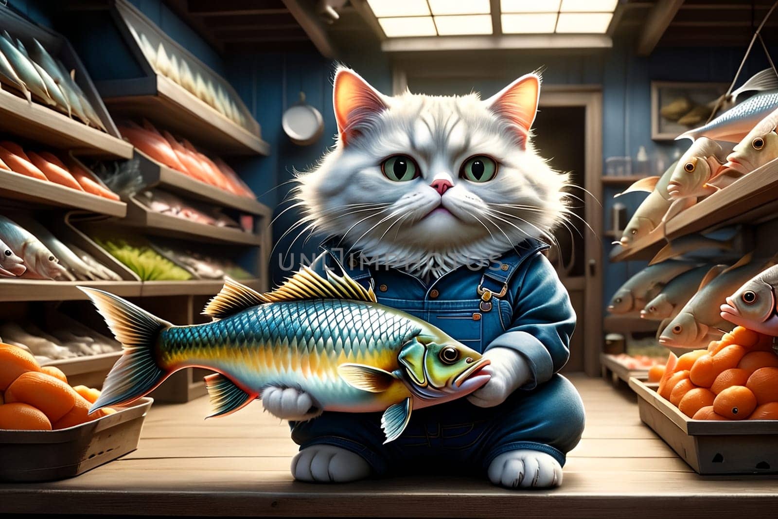 A fat cat with a big fish in its paws. Isolated on a yellow background. AI generated image.