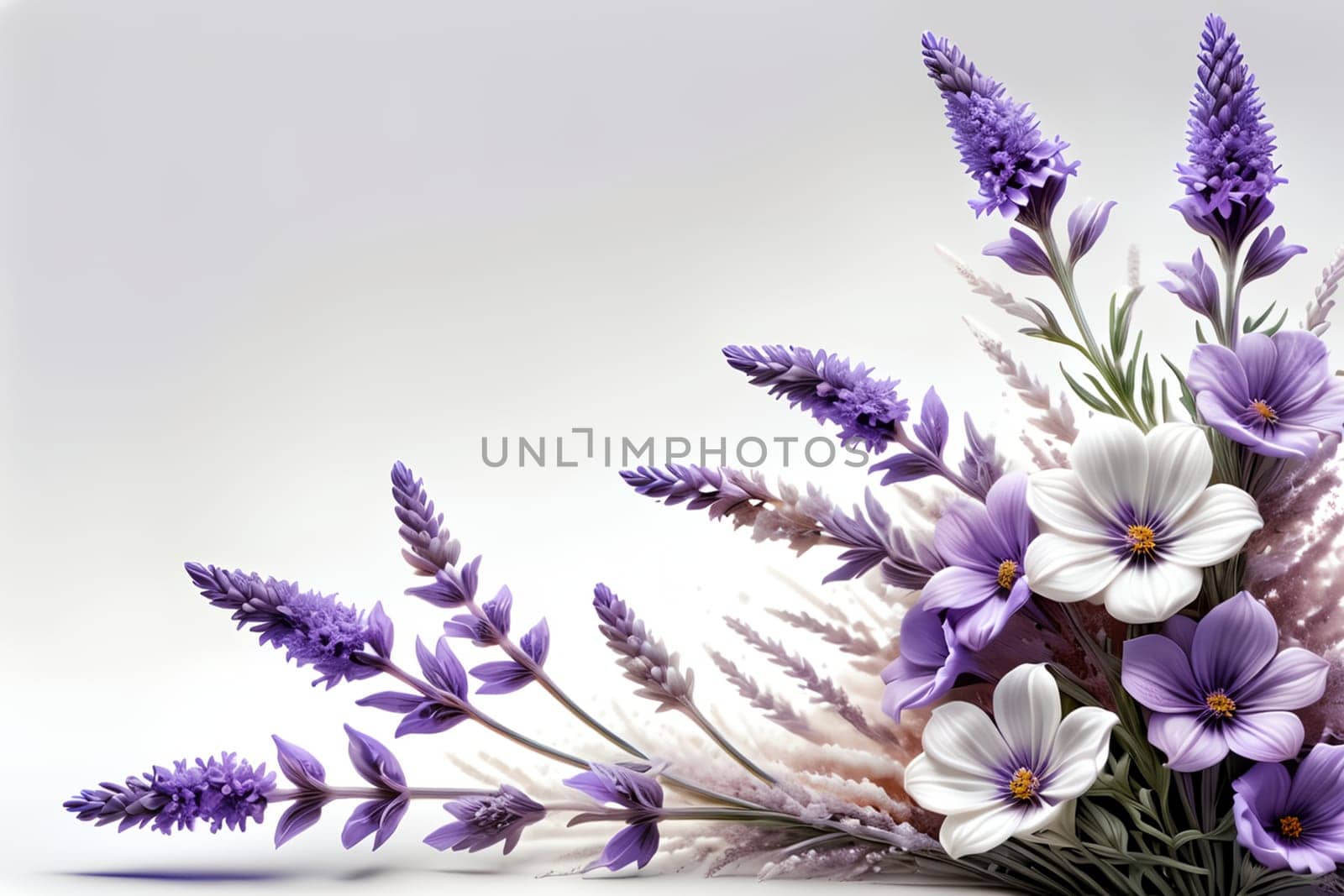 Bouquet of colorful bright flowers lavender, isolated on a white background.