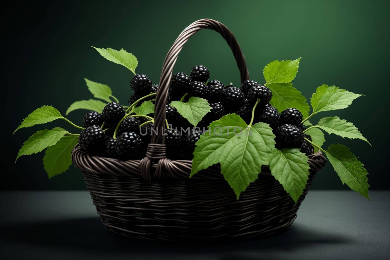 fresh mulberry in basket isolated on green background .