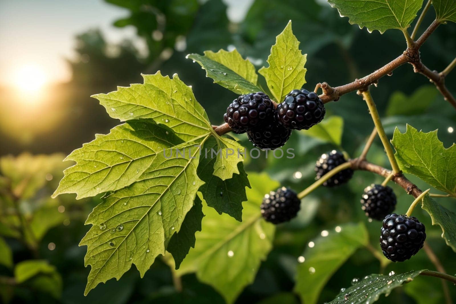 ripe mulberry, on a branch outdoors .