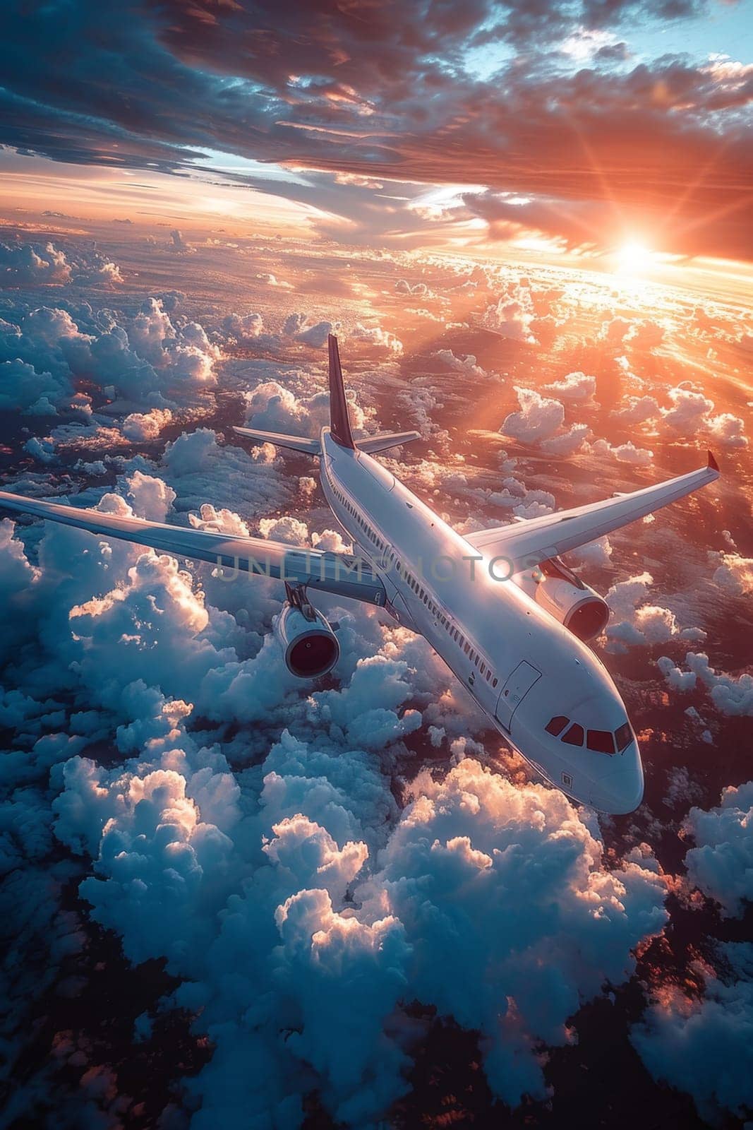 A civilian passenger plane flying above the clouds in the rays of the setting sun. The concept of fast travel, leisure and business by Lobachad